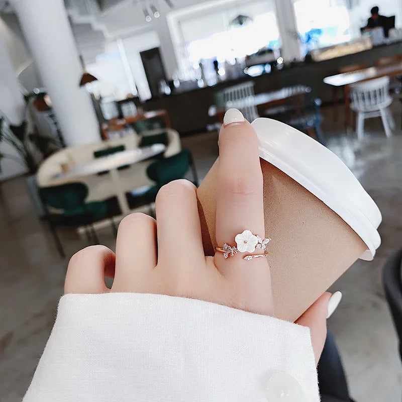 Korean CZ Sweet Crystal Zircon Heart Ring For Women Exquisite Shell Flower Opening Finger Rings Girls Princess Wedding Jewelry