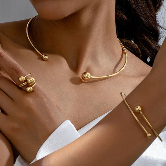 New Jewelry Set for Women Simple Asymmetric Geometric Beads Gold-plated Ring Bracelet Necklace Smooth Opening Accessories Gifts