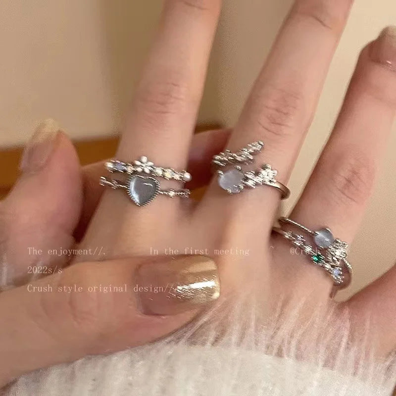 New Y2K Crystal Rings Kpop Heart Adjustable Ring Irregular Geometry Punk Vintage Rings Set for Women Girls 2024 Fashion Jewelry