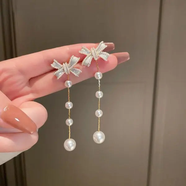 Korean Exquisite Imitation Pearl Tassel Drop Earring For Women Shiny  Zircon Flower Leaf Long Ear Line Geometric Earring Jewelry