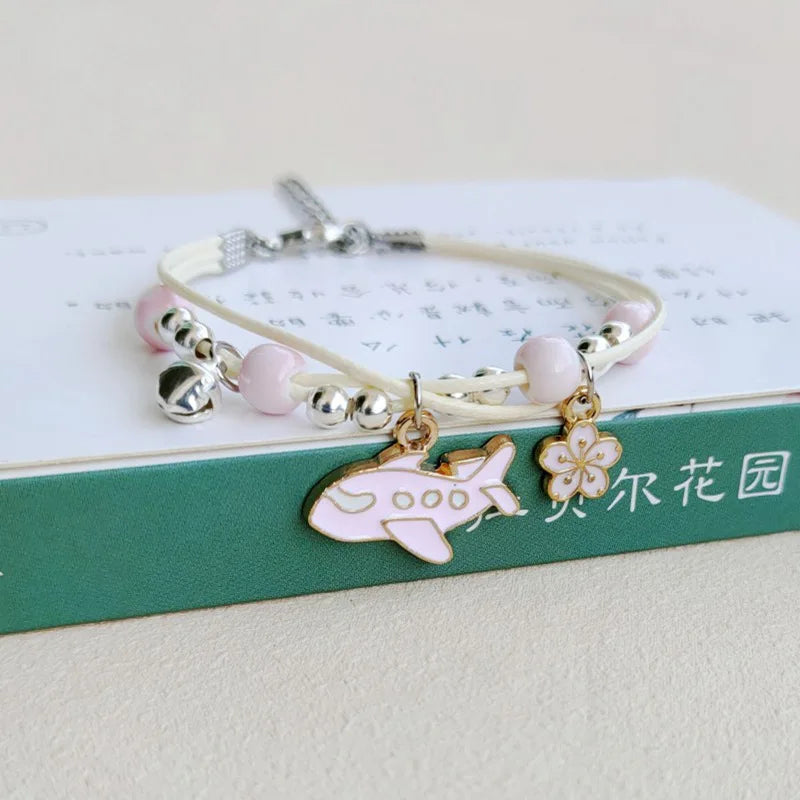 Korean Rabbit Flower Rope Bracelet for Women Girls Fashion Woven String Bell Heart Airplane Beads Friendship Party Jewelry Gifts