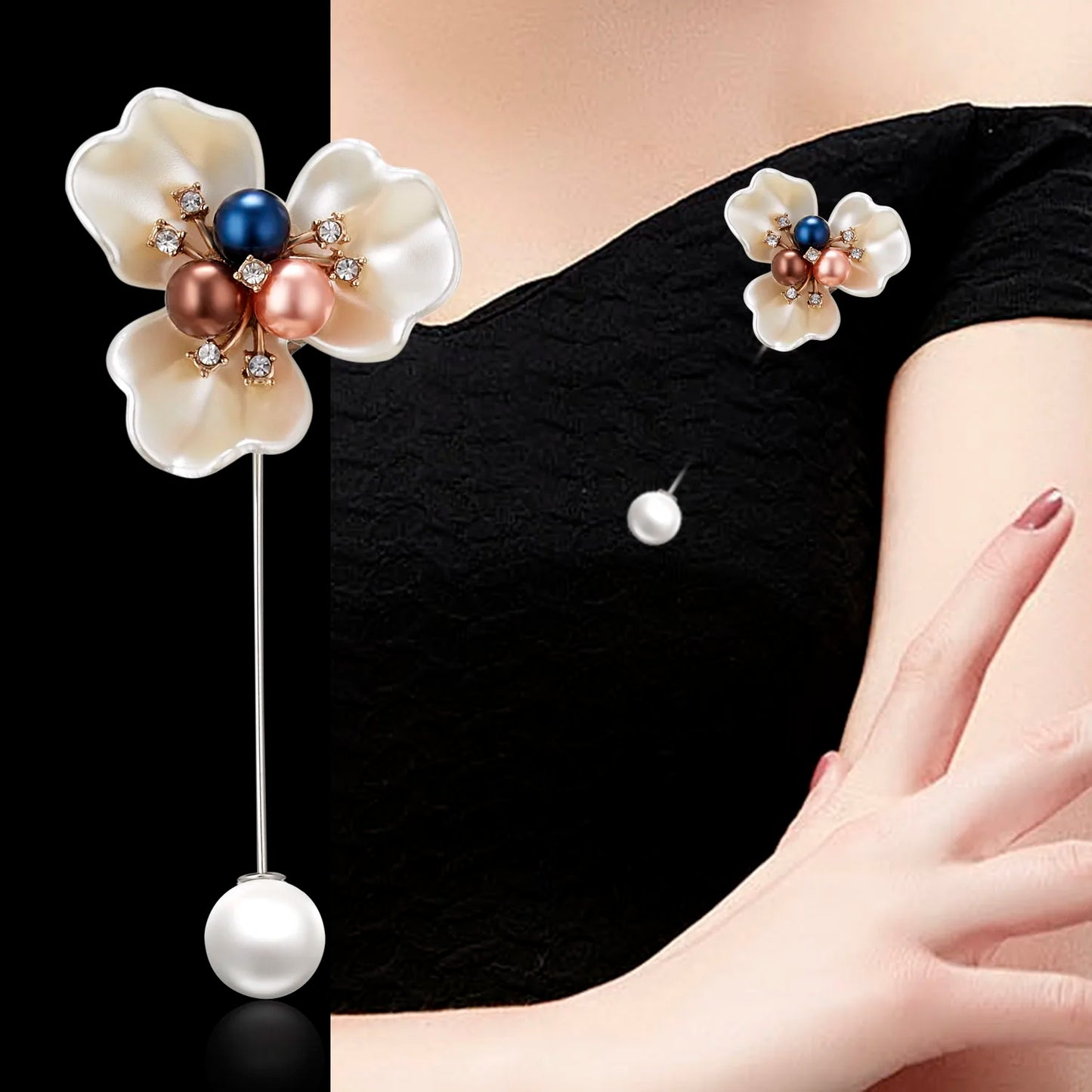 Rinhoo Imitation Pearl Shell Camellia Flower Brooch For Women White Floral Petal Bouquet Long Needle Shirt Collar Lapel Pin Gift