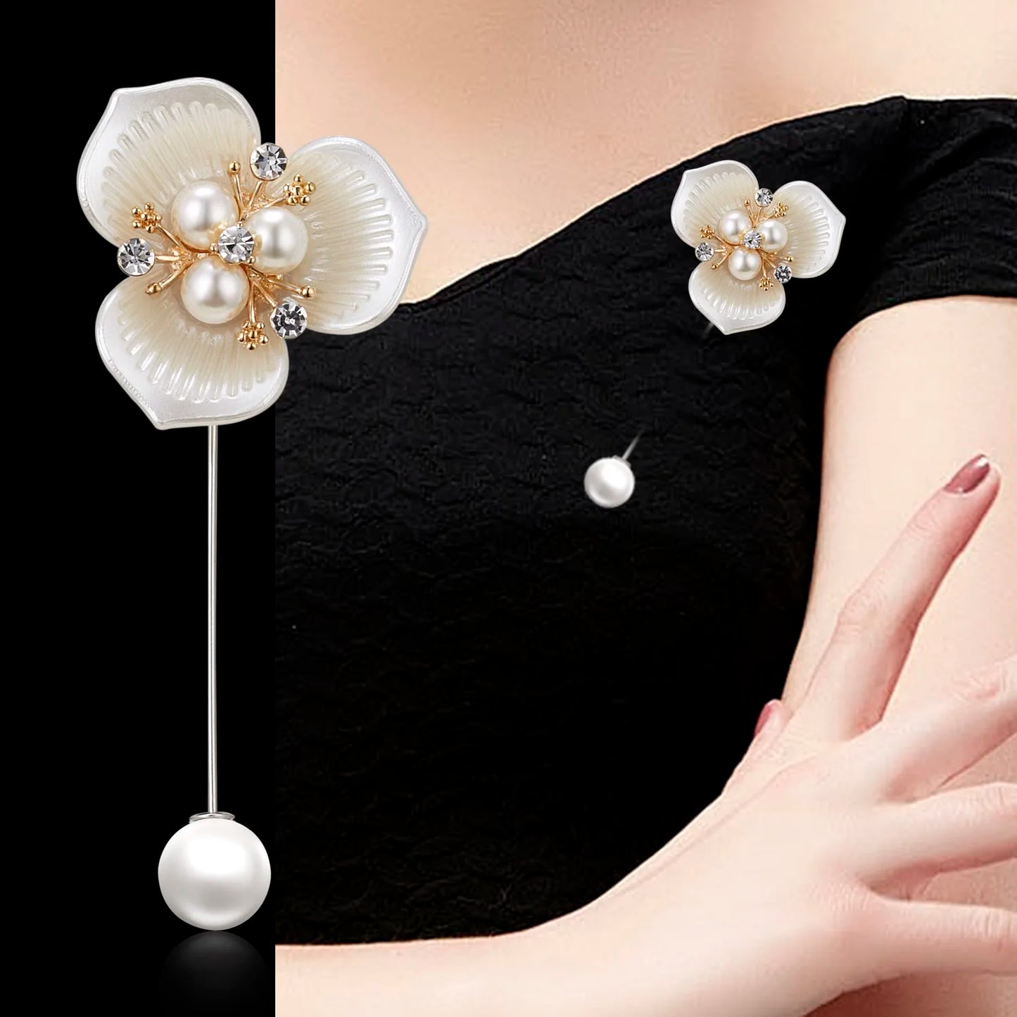 Rinhoo Imitation Pearl Shell Camellia Flower Brooch For Women White Floral Petal Bouquet Long Needle Shirt Collar Lapel Pin Gift
