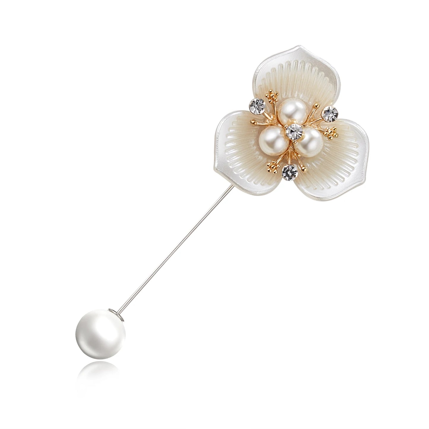 Rinhoo Imitation Pearl Shell Camellia Flower Brooch For Women White Floral Petal Bouquet Long Needle Shirt Collar Lapel Pin Gift
