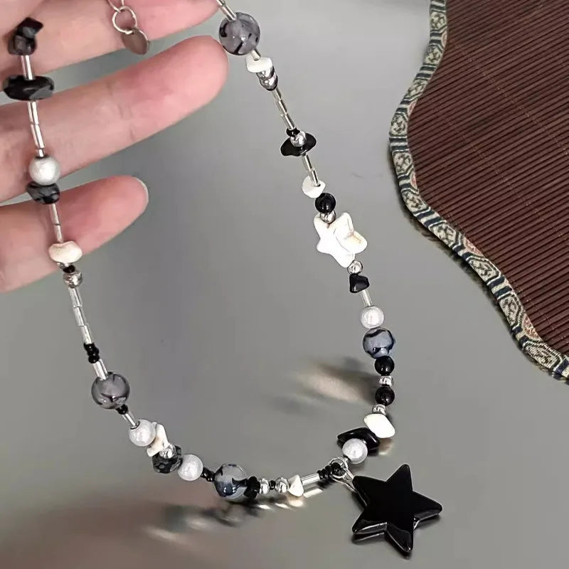 Y2K Black Star Pendant Necklace Women Sweet Cool Neck Jewelry Girls Personalized Lightweight Resin Pentagram Bead Necklace Gift
