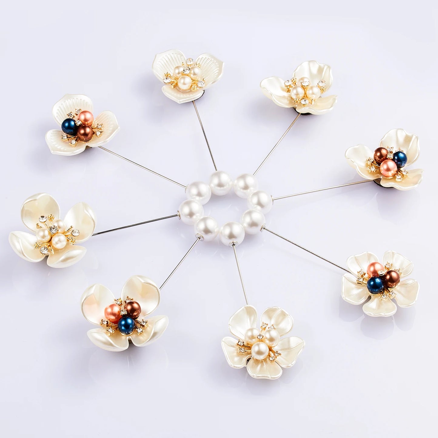 Rinhoo Imitation Pearl Shell Camellia Flower Brooch For Women White Floral Petal Bouquet Long Needle Shirt Collar Lapel Pin Gift