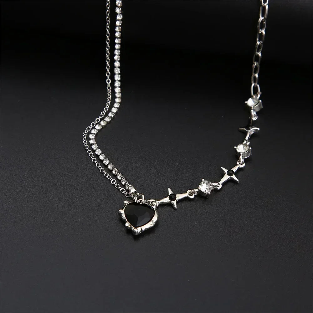 Y2k Heart Star Pendant Necklace Women's Fashion Cool Silver Color Chain Necklace Rhinestone Clavicle Chain Daily Jewlery Gifts
