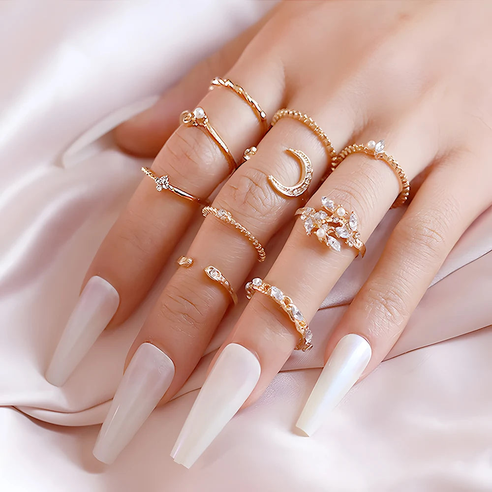 10Pcs Rings Suit For Women Gold-color Chain Ring Set Bohemian Style Coin Snake Moon Star Party Leaves Love Trend Gift Jewelry