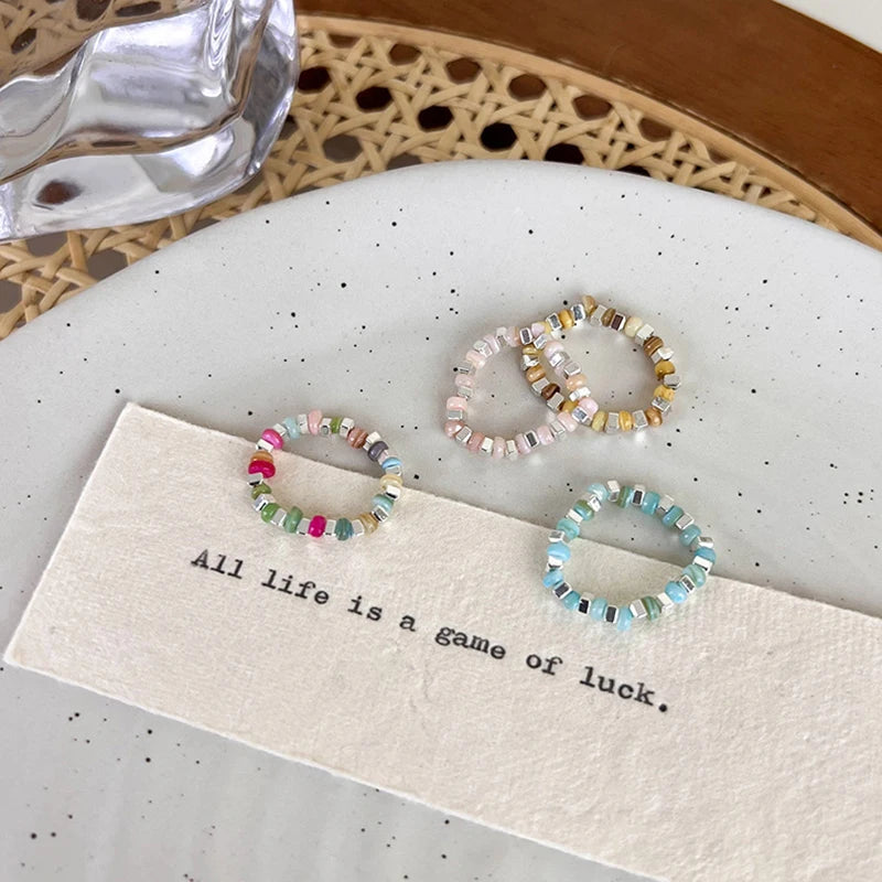 New Colorful Beaded Ring for Women Girls Sweet Personality Irregular Multi Beaded Rice Beads Geometry Metal Rings Jewelry Gifts