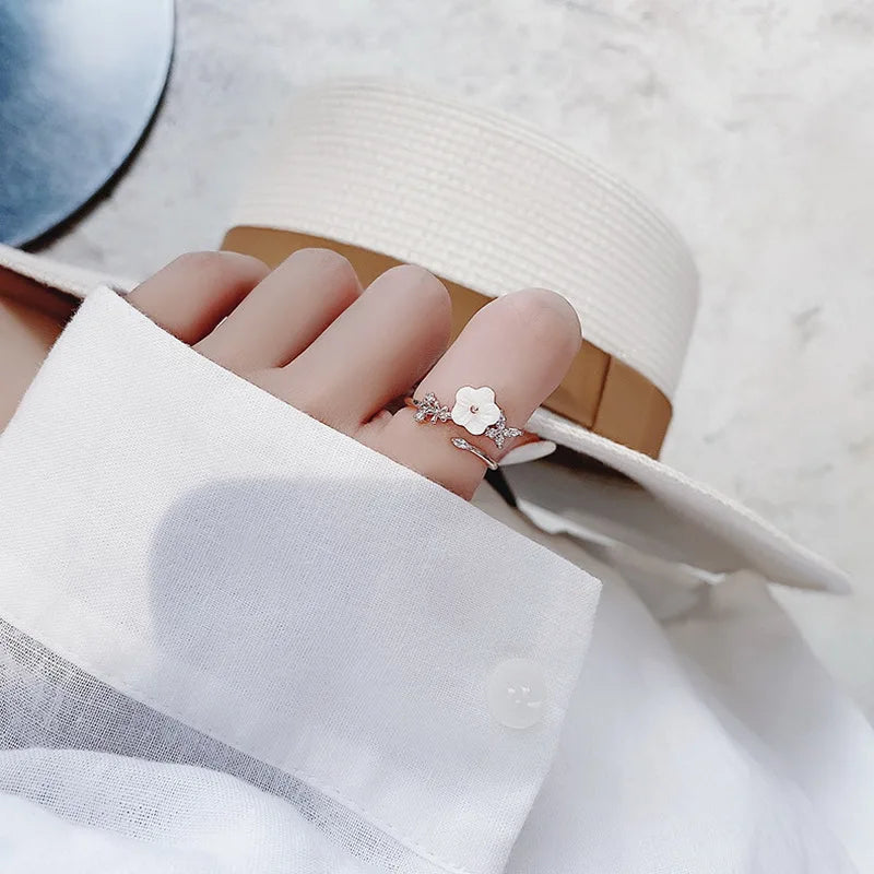 Korean CZ Sweet Crystal Zircon Heart Ring For Women Exquisite Shell Flower Opening Finger Rings Girls Princess Wedding Jewelry