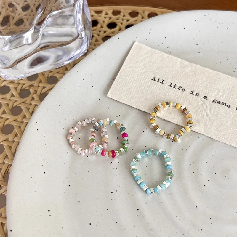 New Colorful Beaded Ring for Women Girls Sweet Personality Irregular Multi Beaded Rice Beads Geometry Metal Rings Jewelry Gifts