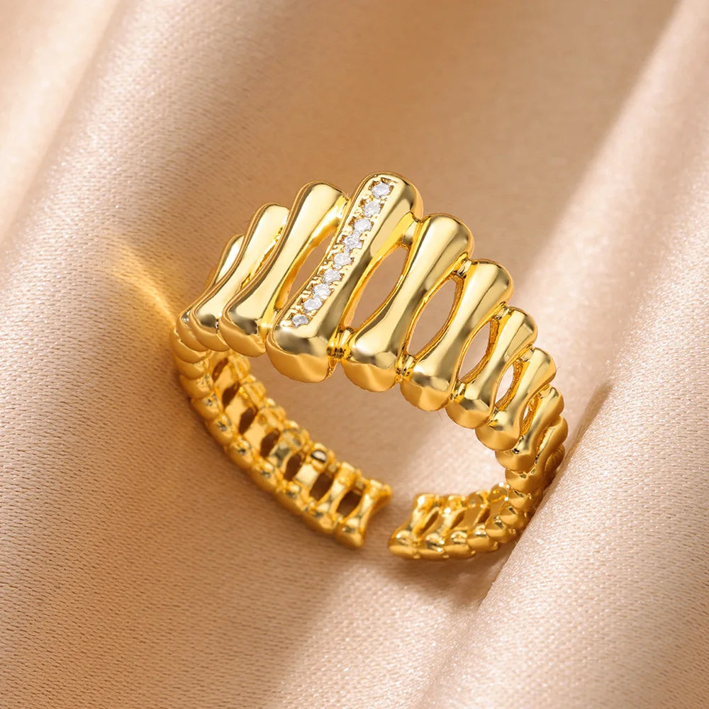 Zircon Cristal Geometric Rings For Women Stainless Steel Gold Color Adjustable Finger Ring Trendy Wedding Luxury Jewerly Gift