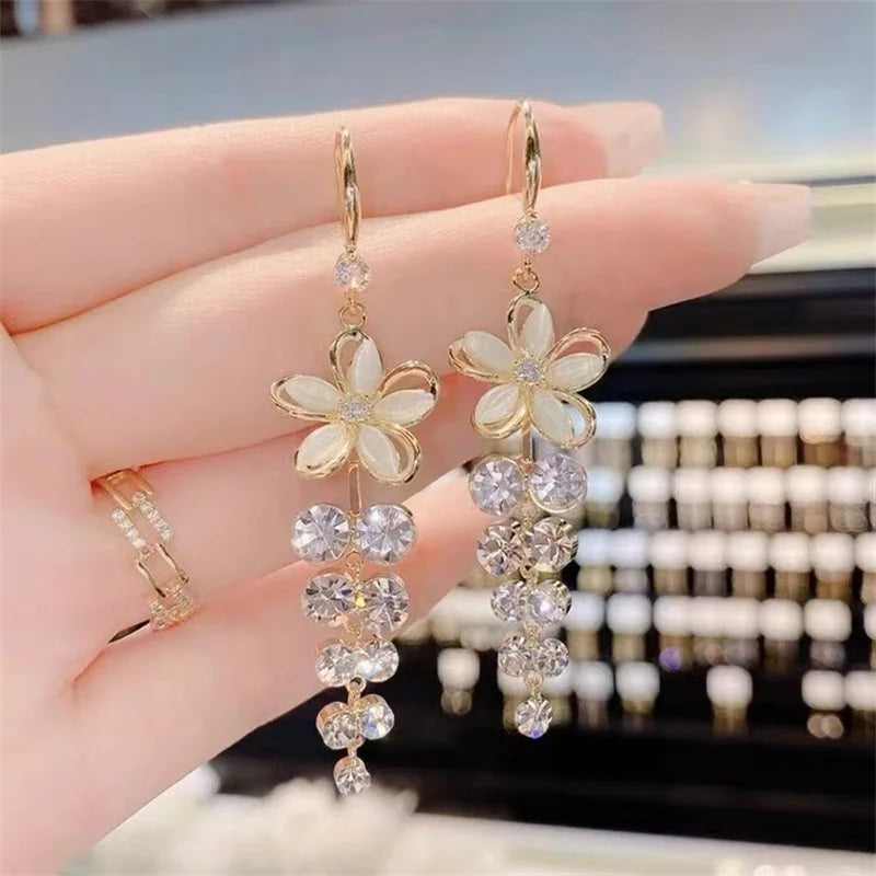 Green Shiny Zircon Flower Drop Earrings For Women Luxury Crystal Long Tassel Ear Line Hanging Earring Girls Wedding Jewelry Gift