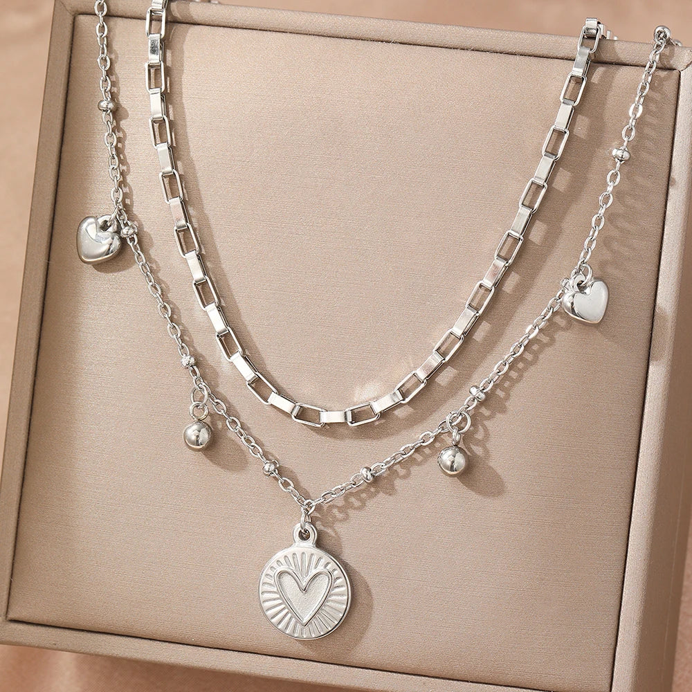 Stainless Steel Necklace Light Luxury Exquisite Peach Heart Double Layer Bone Chain Ladies Jewelry Birthday Anniversary Gift