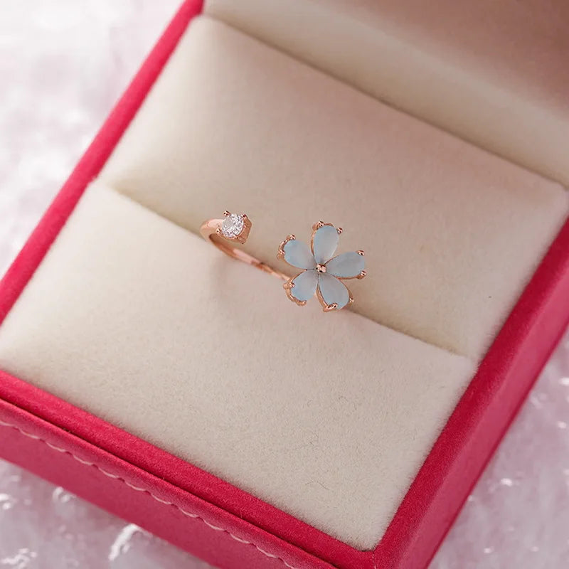 Korean CZ Sweet Crystal Zircon Heart Ring For Women Exquisite Shell Flower Opening Finger Rings Girls Princess Wedding Jewelry