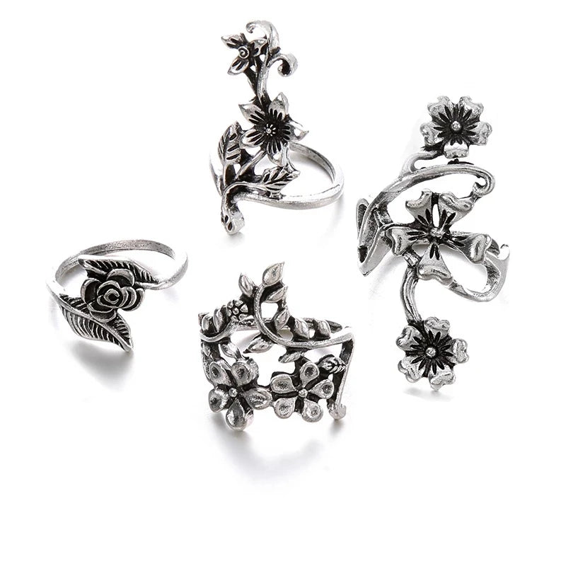 Europe and United States New Popular Women Ring Fashion Personality Ancient Silver Color Mori Vines Leaves Flower Ring 4 Pieces