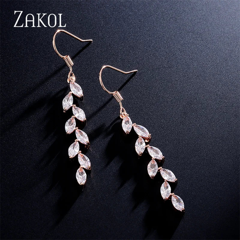 ZAKOL Fashion Leaf Zircon Wedding Earrings for Women White Gold Color Marquise Crystal Bridal Earring Party Jewelry Gift