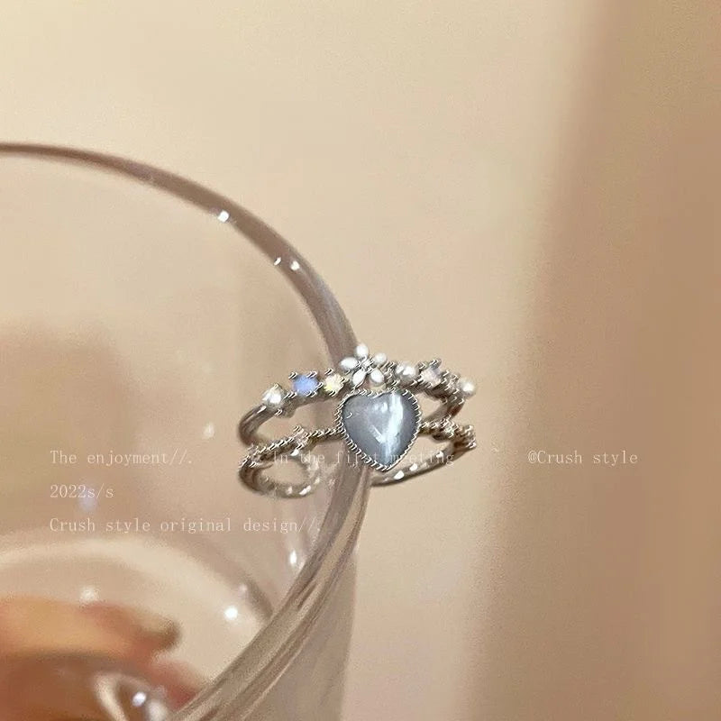 New Y2K Crystal Rings Kpop Heart Adjustable Ring Irregular Geometry Punk Vintage Rings Set for Women Girls 2024 Fashion Jewelry