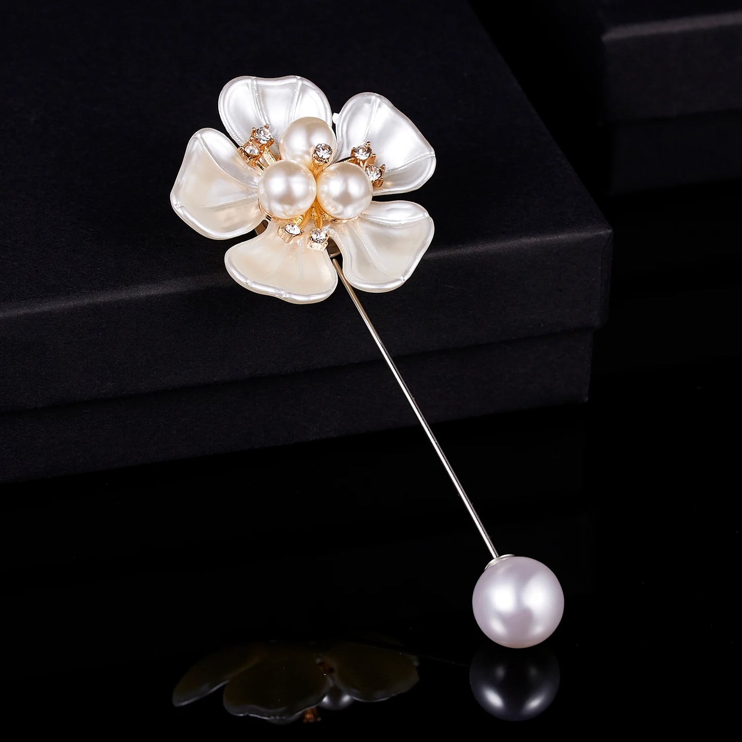 Rinhoo Imitation Pearl Shell Camellia Flower Brooch For Women White Floral Petal Bouquet Long Needle Shirt Collar Lapel Pin Gift