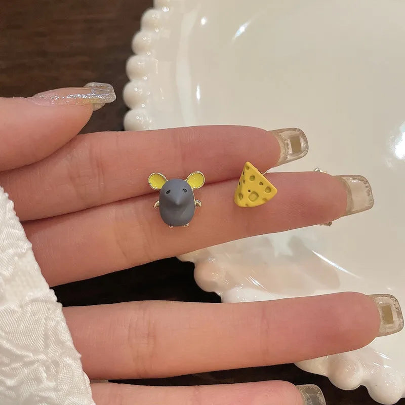Kids Asymmetric Animal Cat Love Heart Earrings Lovely Grey Mouse&Cheese Rabbit&Flower Ear Stud Earrings Student Jewelry Gifts