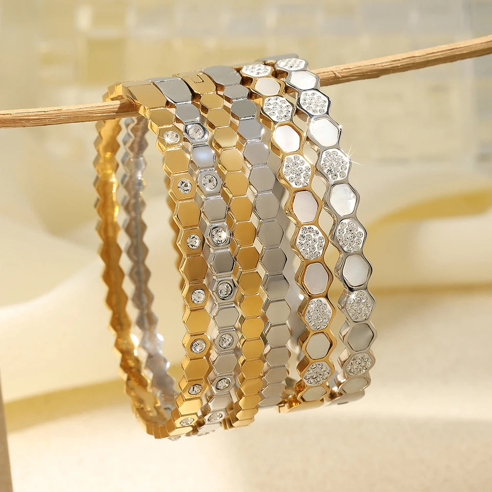 UILZ 316L Stainles Steel Open Hexagon Bracelet For Women High-quality Exquisite Zircon Inlay Simple Not Fading Bracelet Jewelry