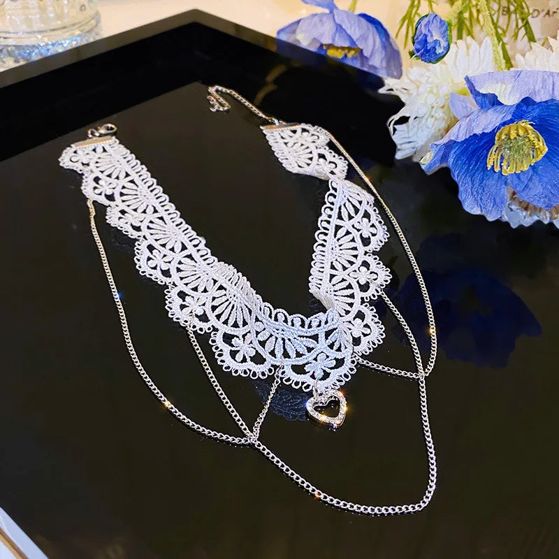 Fashion Choker Necklace For Women Sexy Black White Lace Stretch Strip Pendant Short Clavicle Gothic Necklace Aesthetic Jewelry