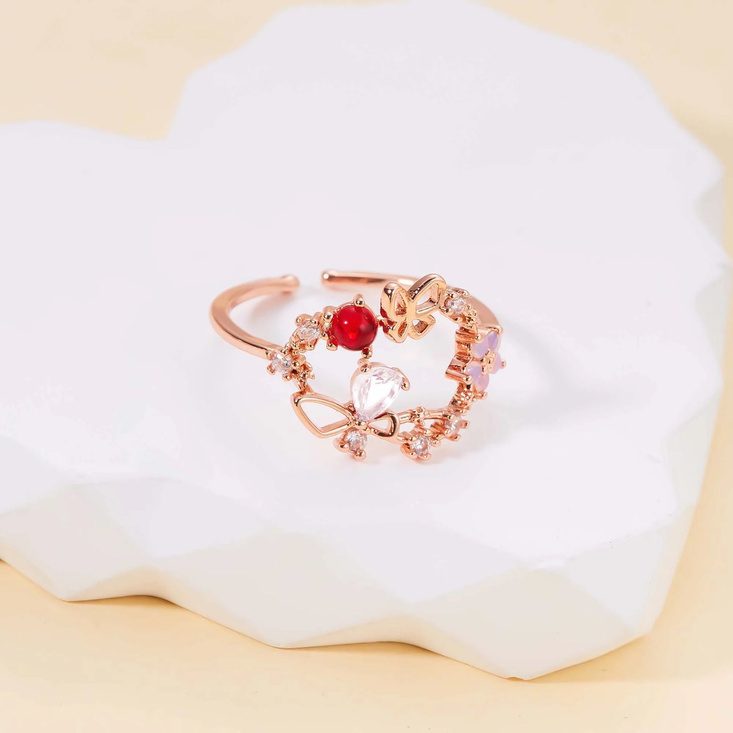 Korean CZ Sweet Crystal Zircon Heart Ring For Women Exquisite Shell Flower Opening Finger Rings Girls Princess Wedding Jewelry