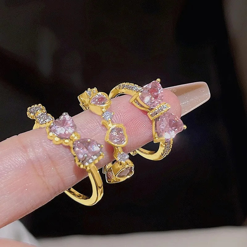 New Y2K Pink Crystal Irregular Heart Rings for Women Fashion Zircon Opening Finger Ring Sweet Girls Kpop Party Jewelry Gifts