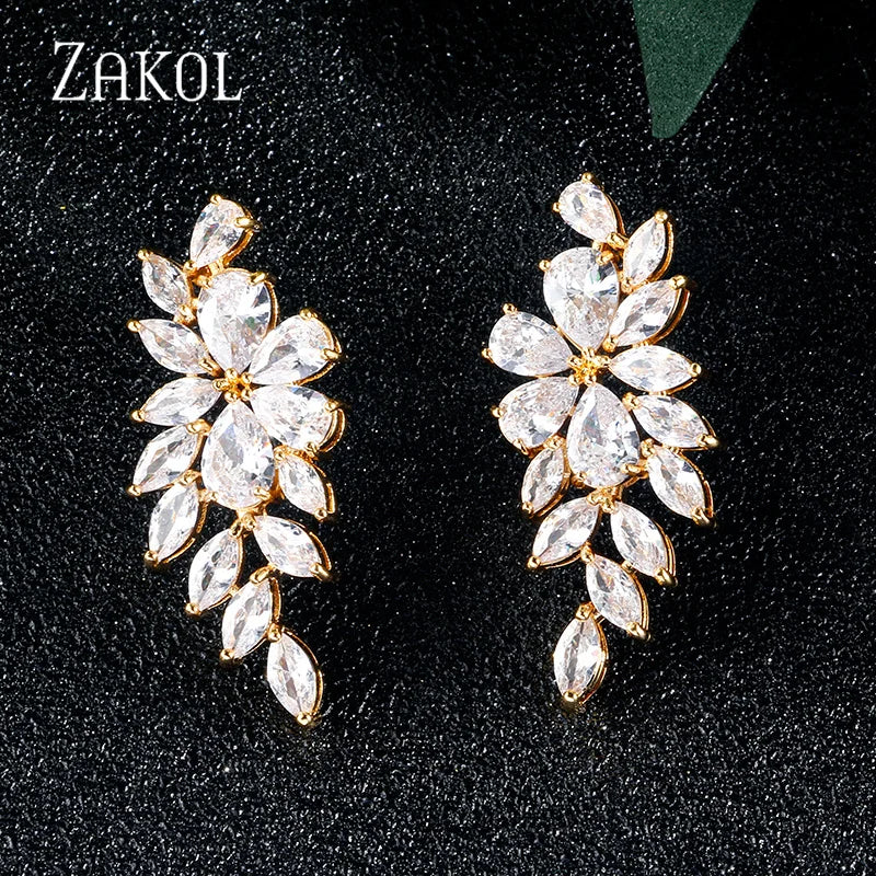 ZAKOL Fashion Leaf Zircon Wedding Earrings for Women White Gold Color Marquise Crystal Bridal Earring Party Jewelry Gift