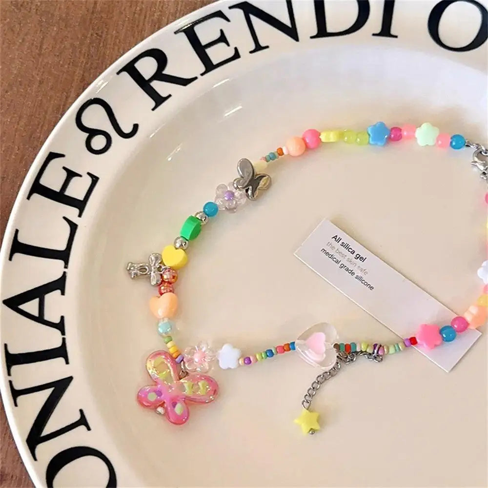 Y2k Rainbow Candy Beaded Choker Necklace Women Boho Beads Cherry Pendant Necklaces Vintage Irregular Girl Necklace Jewelry Gifts
