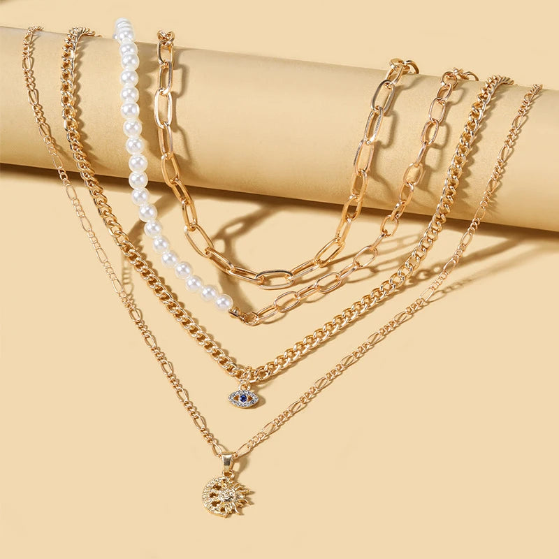Classic Pendant Necklace for Women Micro Zircon Turkish Lucky Evil Eyes Palm Cross Pearl Multilayer Metal Chain Choker Jewelry
