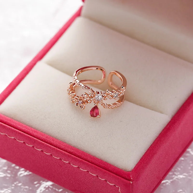 Korean CZ Sweet Crystal Zircon Heart Ring For Women Exquisite Shell Flower Opening Finger Rings Girls Princess Wedding Jewelry