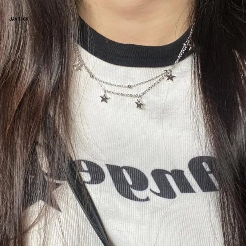 Y2K Star Necklace Double Layer Five-pointed Star Necklace Pendant Choker Five-Pointed Star Pendant Necklace for Women D0LC