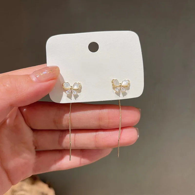 Silver Color Trend Daisy Flower Long Wire Tassel Thread Hanging Earrings For Women Crystal Zircon Piercing Earring Girl Jewelry