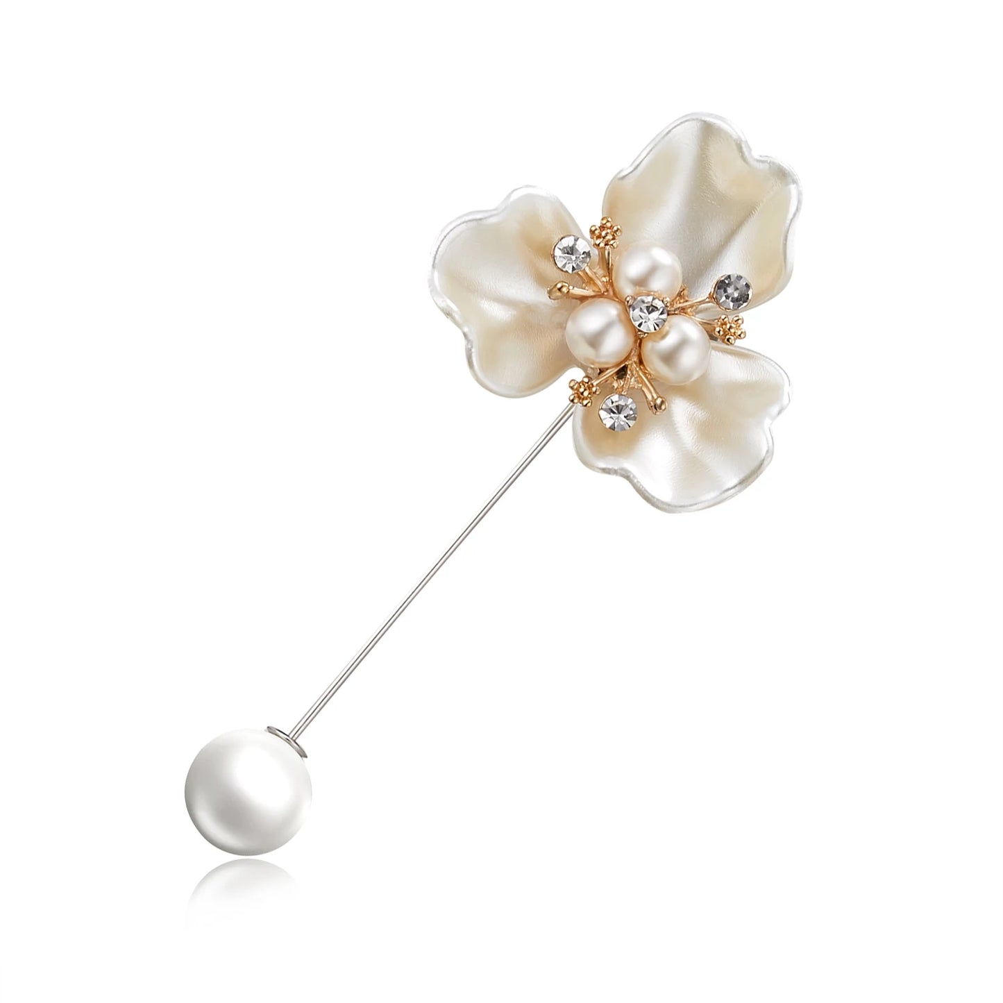Rinhoo Imitation Pearl Shell Camellia Flower Brooch For Women White Floral Petal Bouquet Long Needle Shirt Collar Lapel Pin Gift