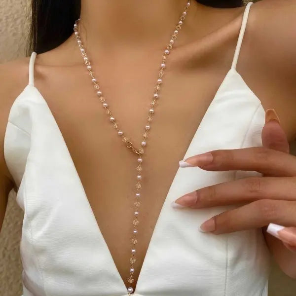 Minimalist Imitation Pearl Long Tassel Necklace For Women Ladies Elegant White Pearl Choker Clavicle Chain Wedding Party Jewelry