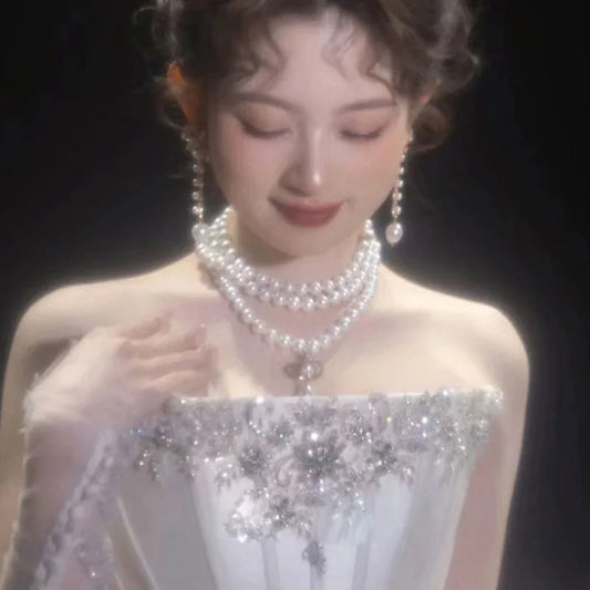 Classic Three Layers Round Pearls Beaded Collar Choker Necklace For Women Girls Irregular Water Drop Pearl Pendant Necklace Gift