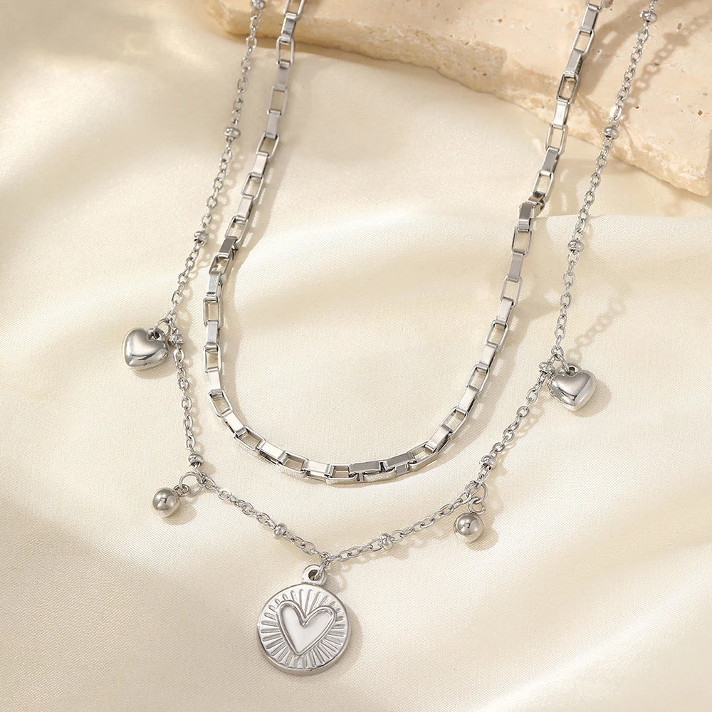 Stainless Steel Necklace Light Luxury Exquisite Peach Heart Double Layer Bone Chain Ladies Jewelry Birthday Anniversary Gift