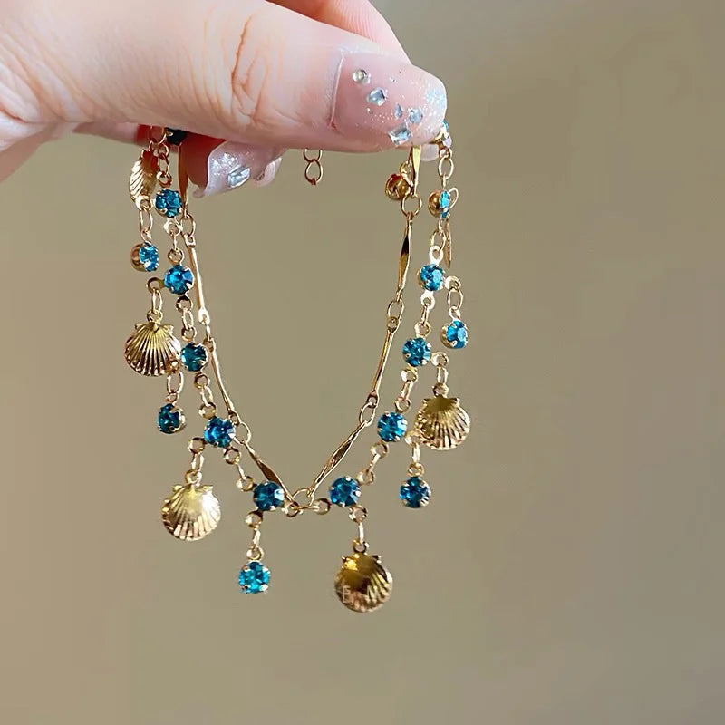 Elegant Gold Color Chain Shell Blue Tear Jewelry Set Crystal Choker Necklace Bracelet For Women Wedding Jewelry Birthday Gift