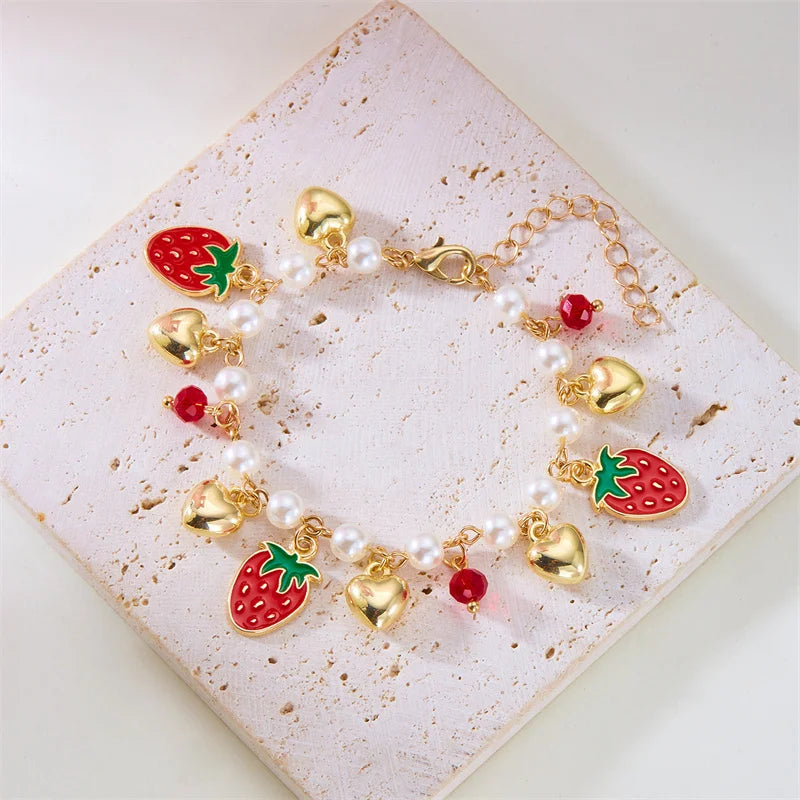 Sweet Cute Red Strawberry Cherry Heart Pearl Charm Bracelet New Fashion Y2K Fruit Gold Color Chain Jewelry Party Gifts 2025