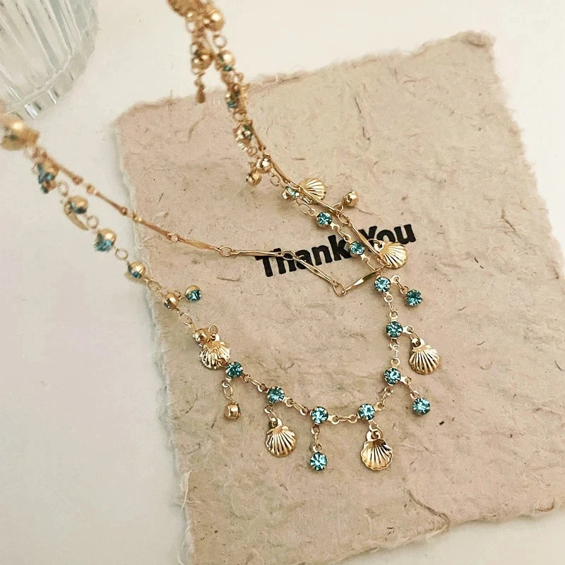 Boho Crystal Shell Pendant Necklace for Women Luxury Exquisite Double-Layer Butterfly Chain Jewelry Accessory Beach Party Gifts