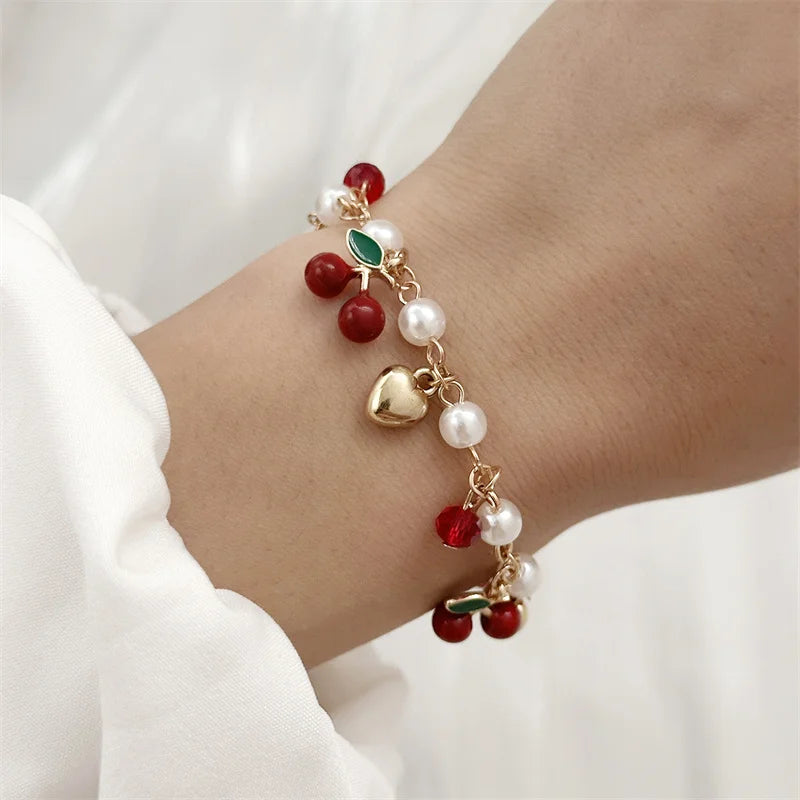 Sweet Cute Red Strawberry Cherry Heart Pearl Charm Bracelet New Fashion Y2K Fruit Gold Color Chain Jewelry Party Gifts 2025