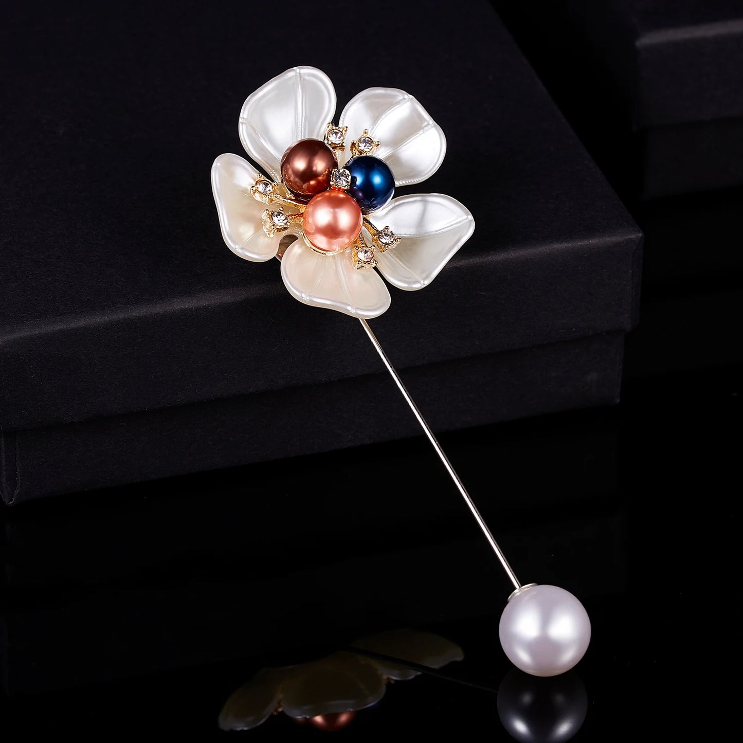 Rinhoo Imitation Pearl Shell Camellia Flower Brooch For Women White Floral Petal Bouquet Long Needle Shirt Collar Lapel Pin Gift