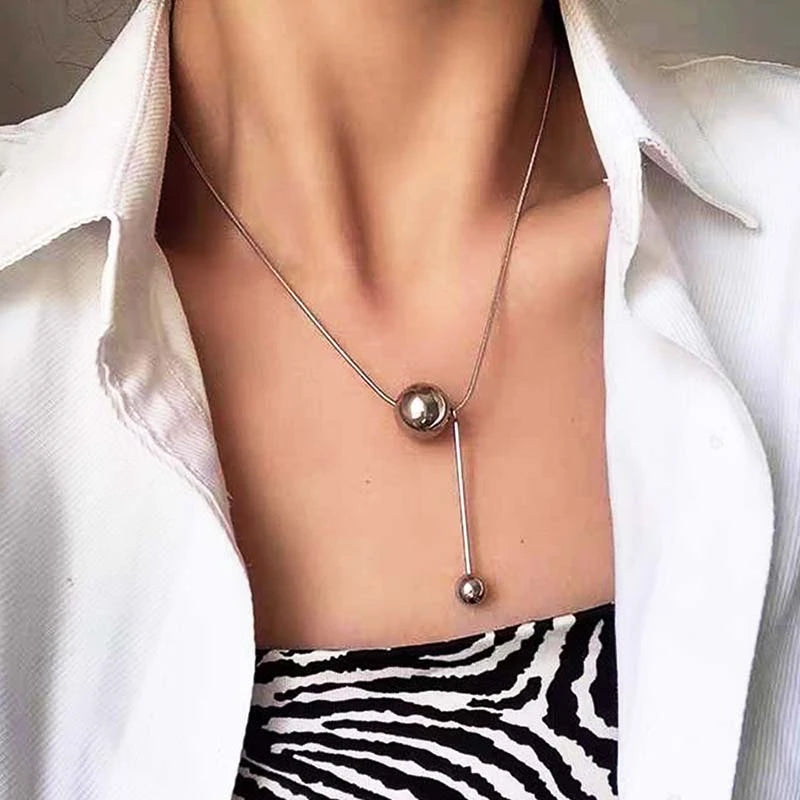 Yerik Fashion Simple Ball Pendant Necklace for Women Metal Beads Minimalist Personality Jewelry Snake Bone Chain Jewelry Gifts