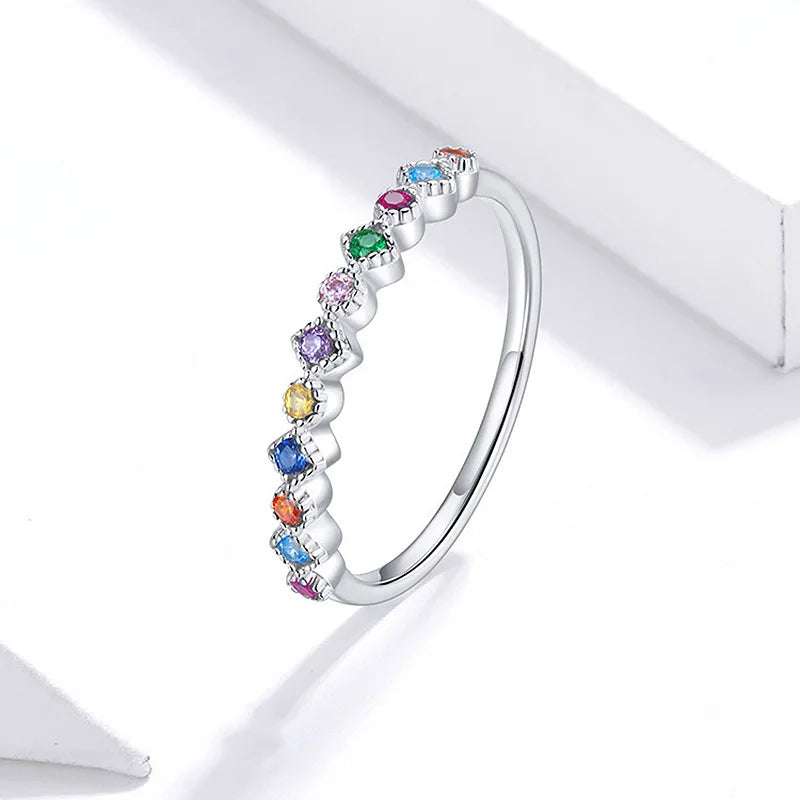 Simple Thin Dainty Rings for Women Colorful Round Zircon Silver Color Stacking Pinky Ring Female Jewelry Wholesale Gifts KCR039