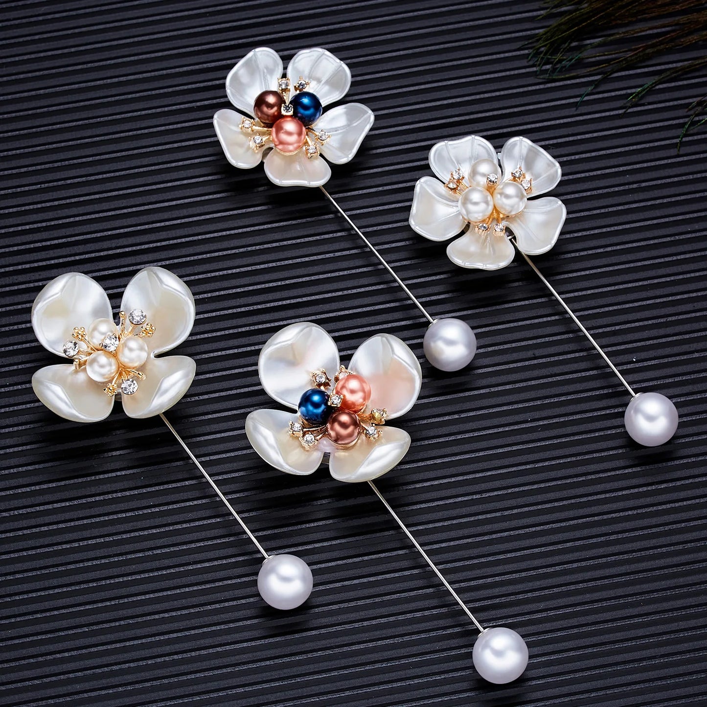 Rinhoo Imitation Pearl Shell Camellia Flower Brooch For Women White Floral Petal Bouquet Long Needle Shirt Collar Lapel Pin Gift