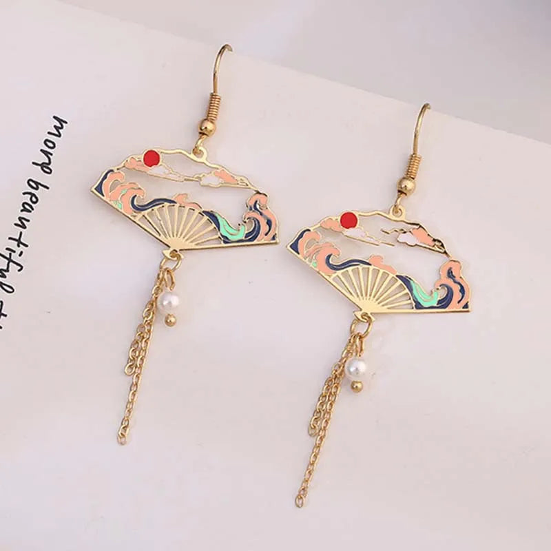 Vintage Chinese Style Flower Fan Earrings for Women Cute Asymmetrical Crane Cat Drop Earring 2022 New Trend Charm Jewelry
