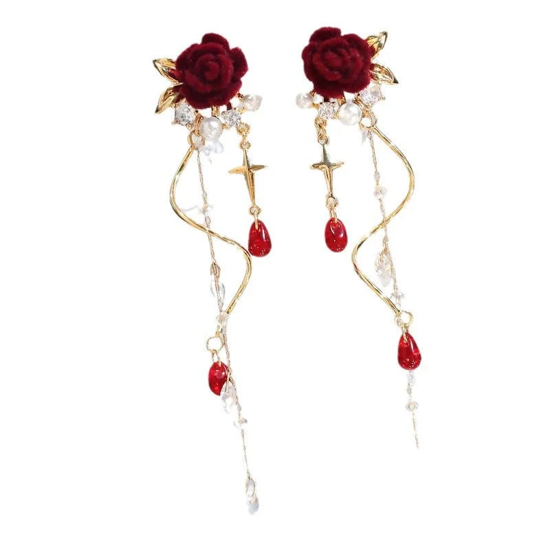 Luxury Crystal Velvet Rose Flower Tassel Earrings for Women Temperament Long Hanging Earring Girls Bridal Party Wedding Jewelry