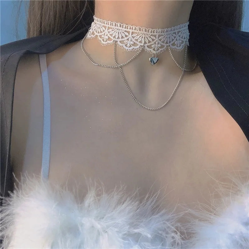 Fashion Choker Necklace For Women Sexy Black White Lace Stretch Strip Pendant Short Clavicle Gothic Necklace Aesthetic Jewelry
