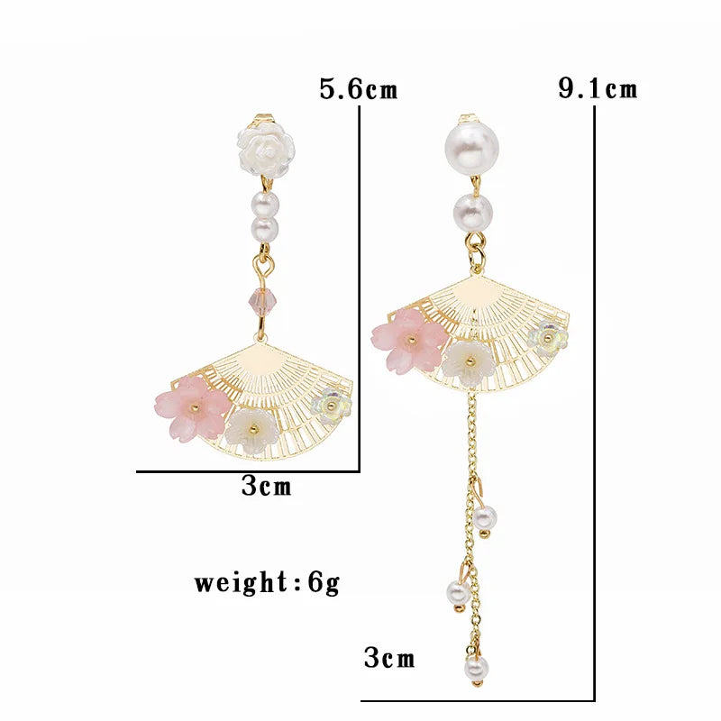 Vintage Chinese Style Flower Fan Earrings for Women Cute Asymmetrical Crane Cat Drop Earring 2022 New Trend Charm Jewelry